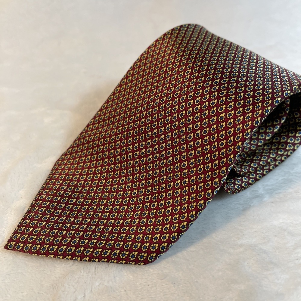 Sinsabang 100% Silk Fine Print Tie Burgundy Blue Gold Geometric Korea 3.75" W‎